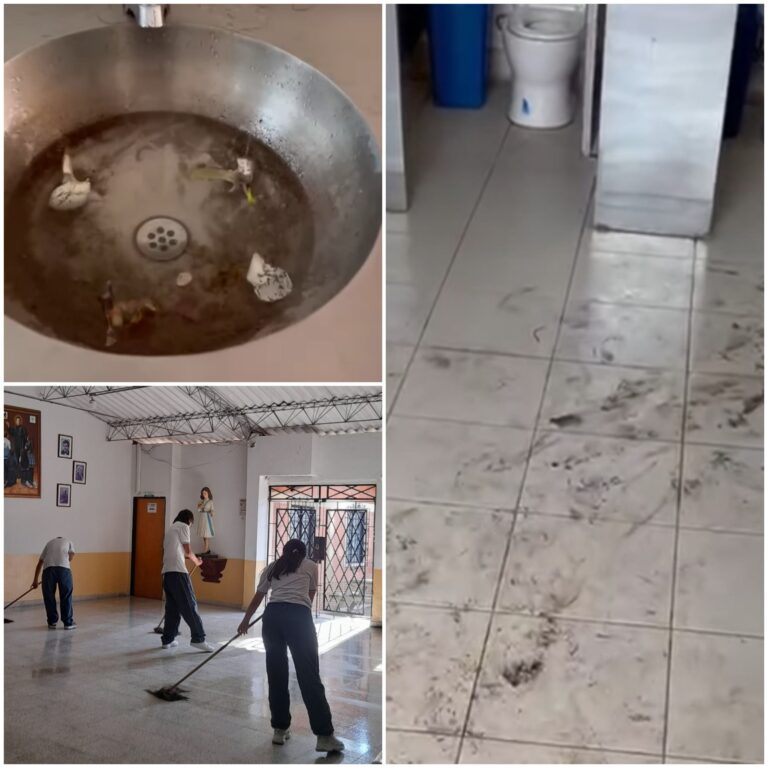 Dos problemas: Colegio como «cielo roto» se inunda, Colegio sin personal de aseo, hace que estudiantes pierdan clase.
